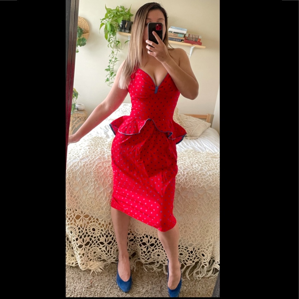 Vintage red and blue polka dots halter midi dress.